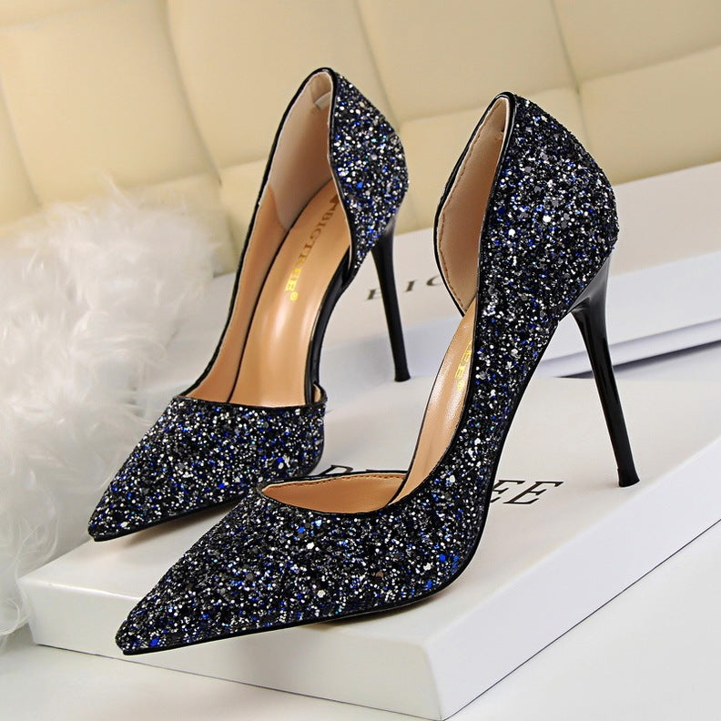 Skinny Women's Shoes Stiletto Heel Shallow Mouth Pointed Side Hollow-out Sequin Infinite Avenue