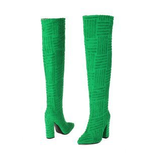 Plus Size Sexy Pointed Toe Thermal Towel Boots Green Chunky Heel Infinite Avenue