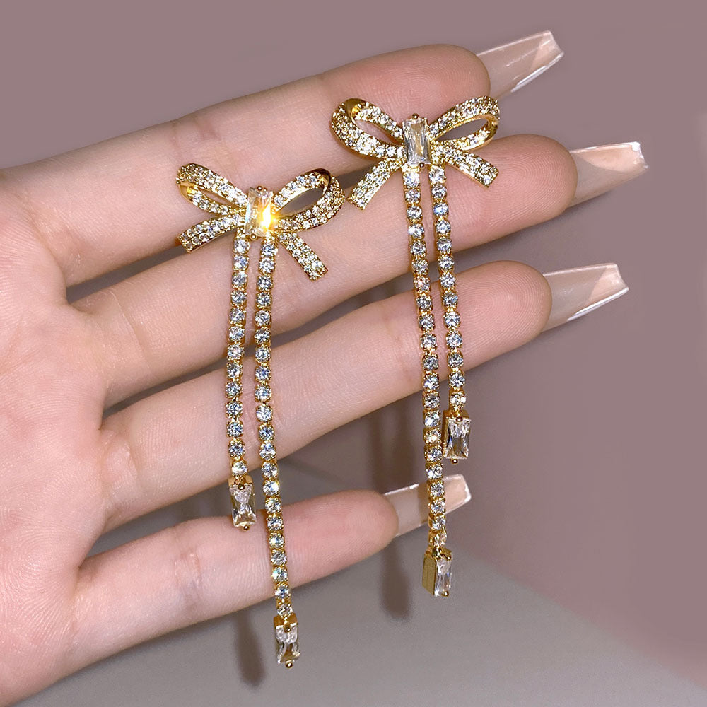 Bow Stud Earrings Zircon Tassel Long Infinite Avenue