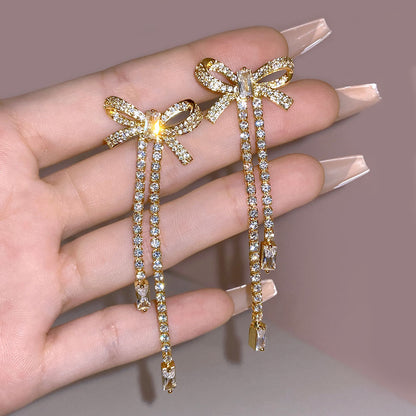 Bow Stud Earrings Zircon Tassel Long Infinite Avenue