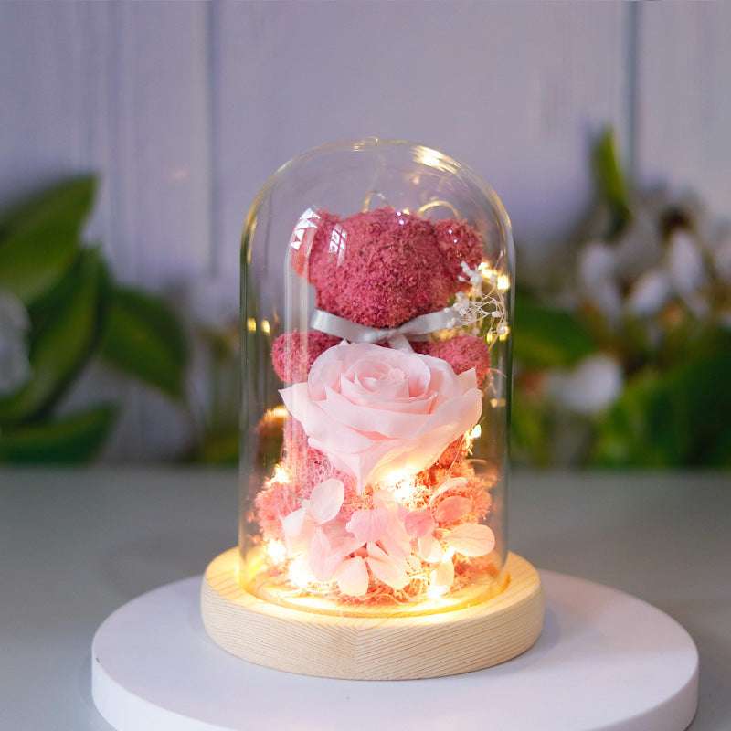 Valentine's Day Gift For Girlfriend Eternal Preserved Rose Flower Gift Box Teddy Bear Eternal Flower With Lights Gift For Women Home Decor Wood Base Pink Infinite Avenue