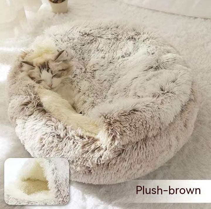 2 In 1 Dog And Cat Bed Pet Winter Bed Round Plush Warm Bed House Soft Long Plush Pets Bed Pet Products Coffee plush 80cm Infinite Avenue