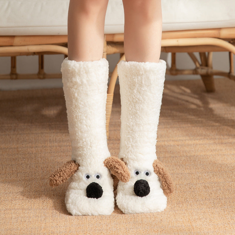 Cute Cartoon Dog Non-slip Floor Socks – Warm Plush for Women White Dog One size Infinite Avenue