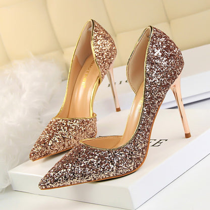 Skinny Women's Shoes Stiletto Heel Shallow Mouth Pointed Side Hollow-out Sequin Champagne Infinite Avenue