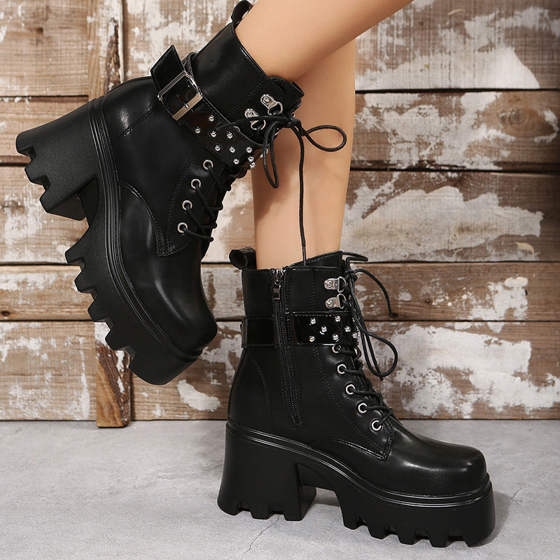 Fashion Round Toe Side Zipper Mid Heel Platform Leather Boots Infinite Avenue