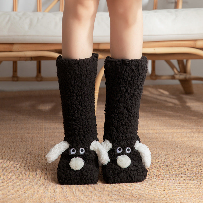 Cute Cartoon Dog Non-slip Floor Socks – Warm Plush for Women Black Dog One size Infinite Avenue