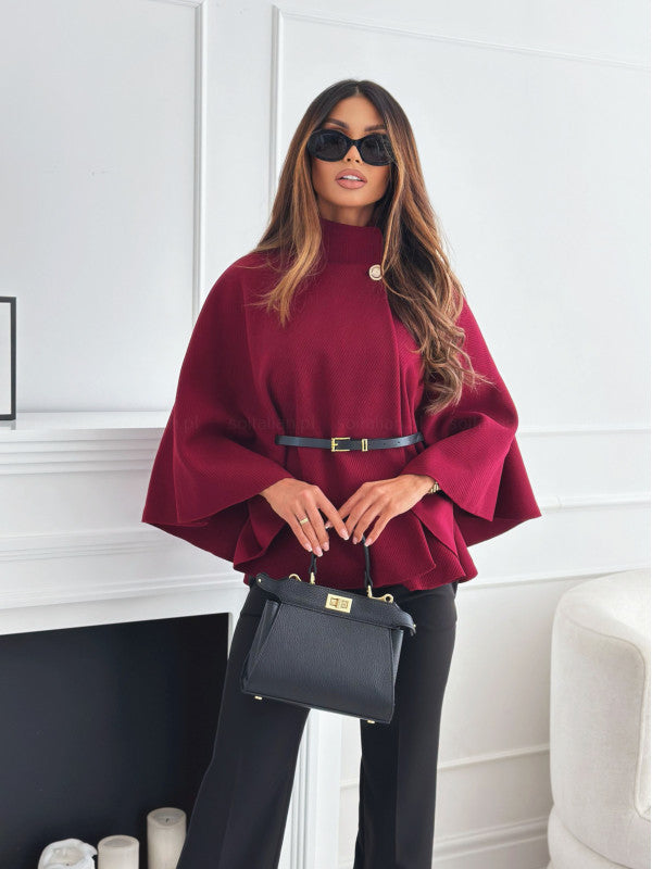 New Stand Collar Batwing Sleeves Cloak Top With Belt Ins Fashion Temperament Jacket Woolen Sweater Outwear For Women Clothing Wine Red Infinite Avenue