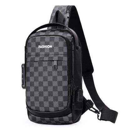 Men's Chest Bag Password Lock Men's Messenger Bag Travel Leisure Black Grids Infinite Avenue