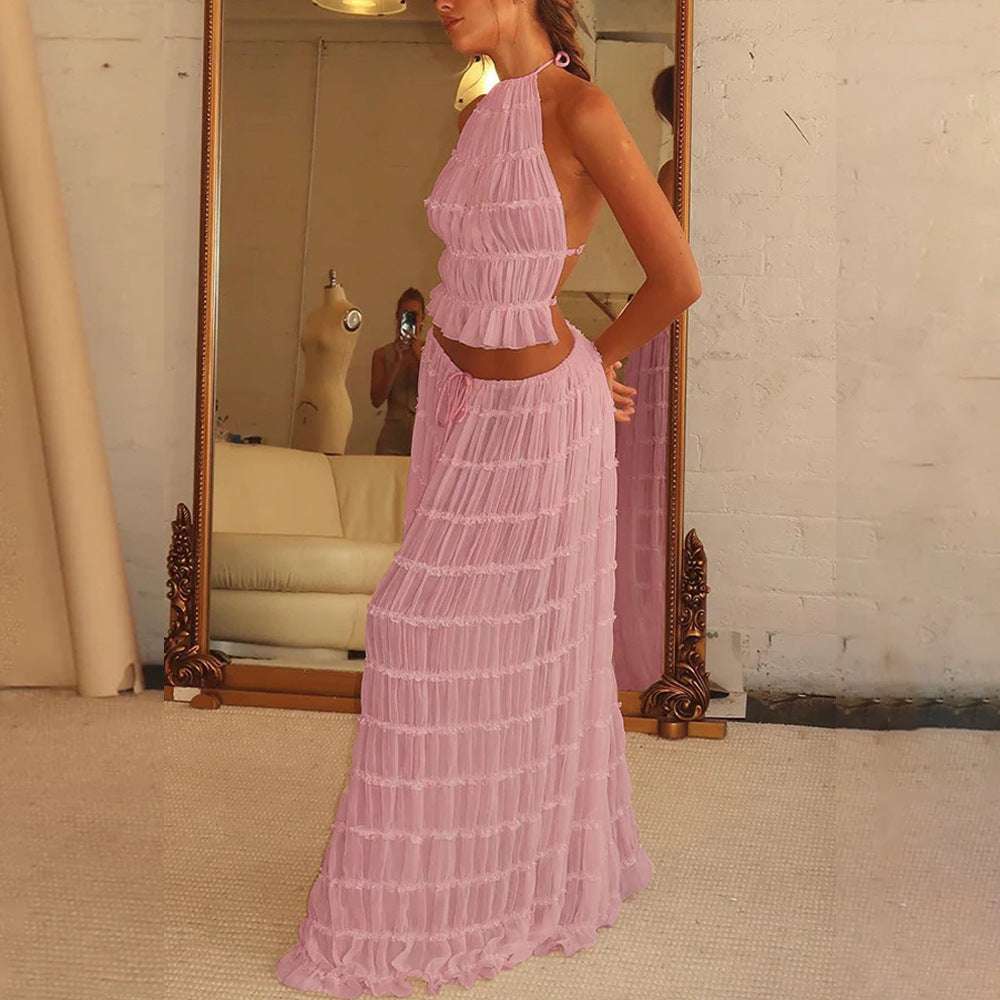 2pcs Women's Dress Suit Sexy Sleeveless Backless Cropped Halter Top And Pleated Long Skirt Beach Clothing Pink Infinite Avenue