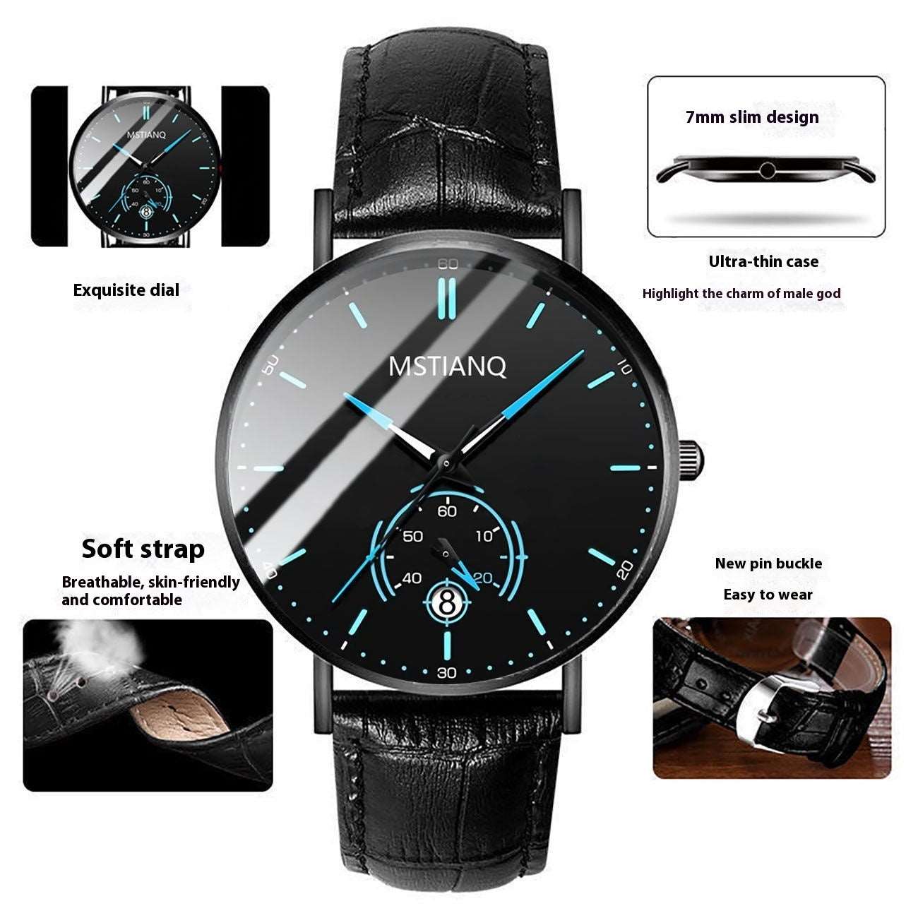 Trade Watch Stylish Black Technology Belt Refined Steel Korean Casual Calendar Black Belt Blue Plate Infinite Avenue