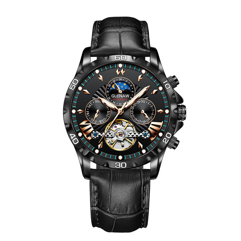 Men's Fashion Hollowed-out Watch Automatic Mechanical Watch Black Shell Bluish Black Infinite Avenue