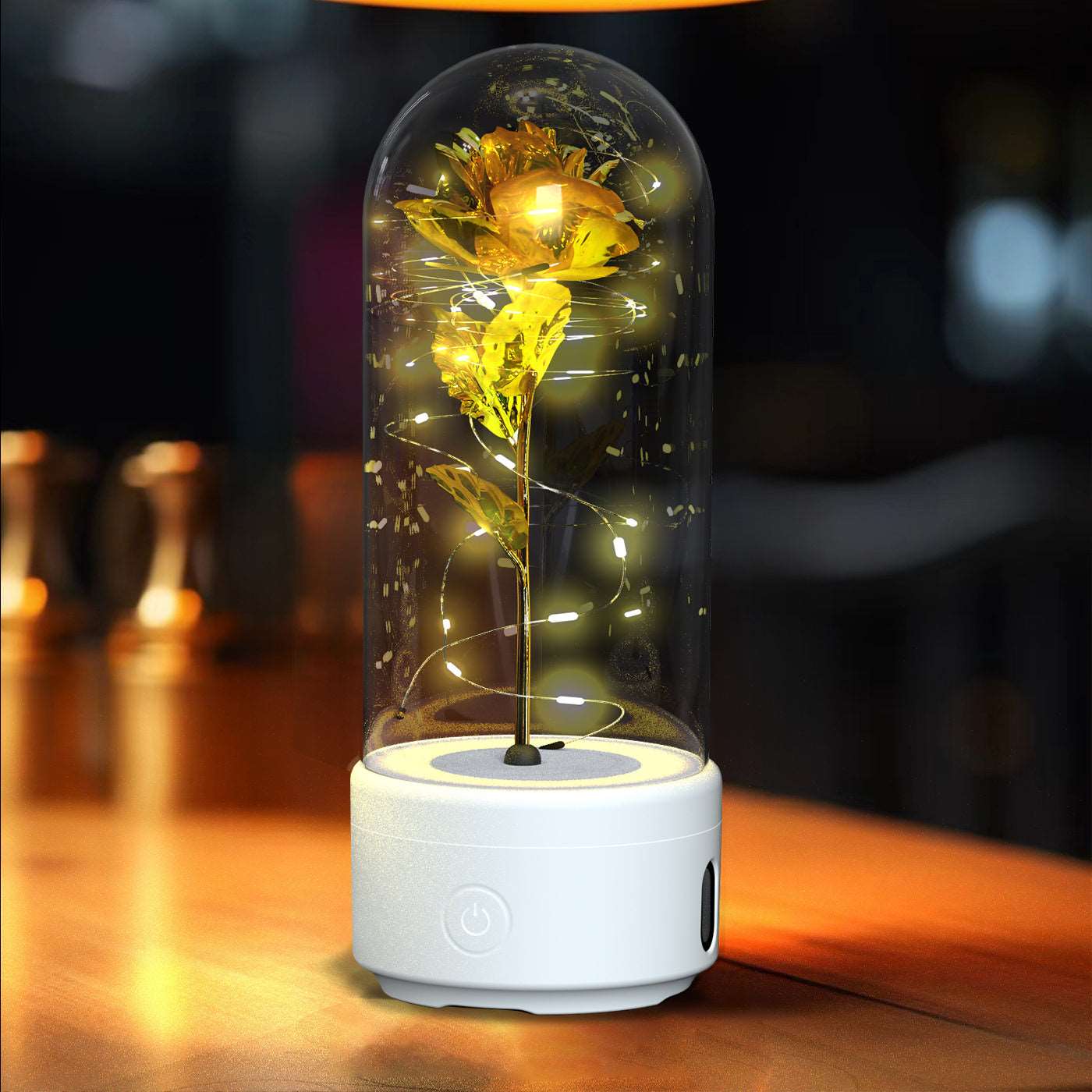 Creative 2 In 1 Rose Flowers LED Light And Bluetooth-compatible Speaker Valentine's Day Gift Rose Luminous Night Light Ornament In Glass Cover White Base Gold Flower Infinite Avenue