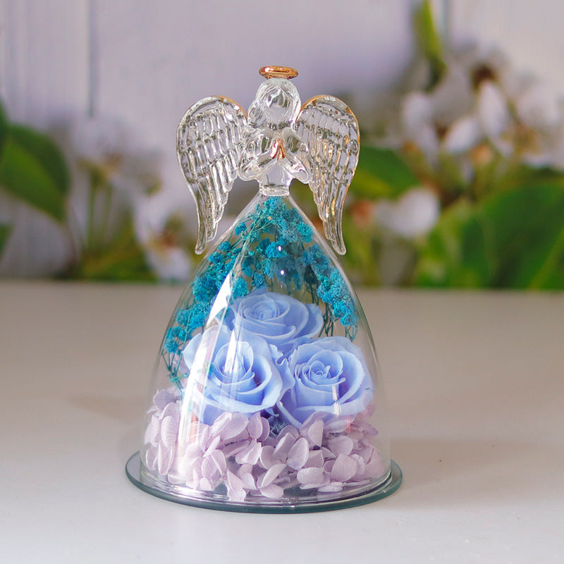 Eternal Flower Gift Box Angel Glass Cover Dried Rose Gift Box For Christmas New Year Valentine's Day Home Decor Beauty angel sky blue Infinite Avenue