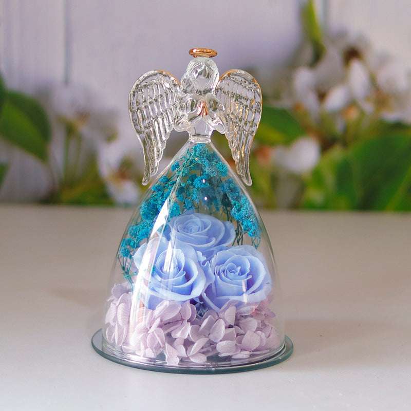 Eternal Flower Gift Box Angel Glass Cover Dried Rose Gift Box For Christmas New Year Valentine's Day Home Decor Beauty angel sky blue Infinite Avenue