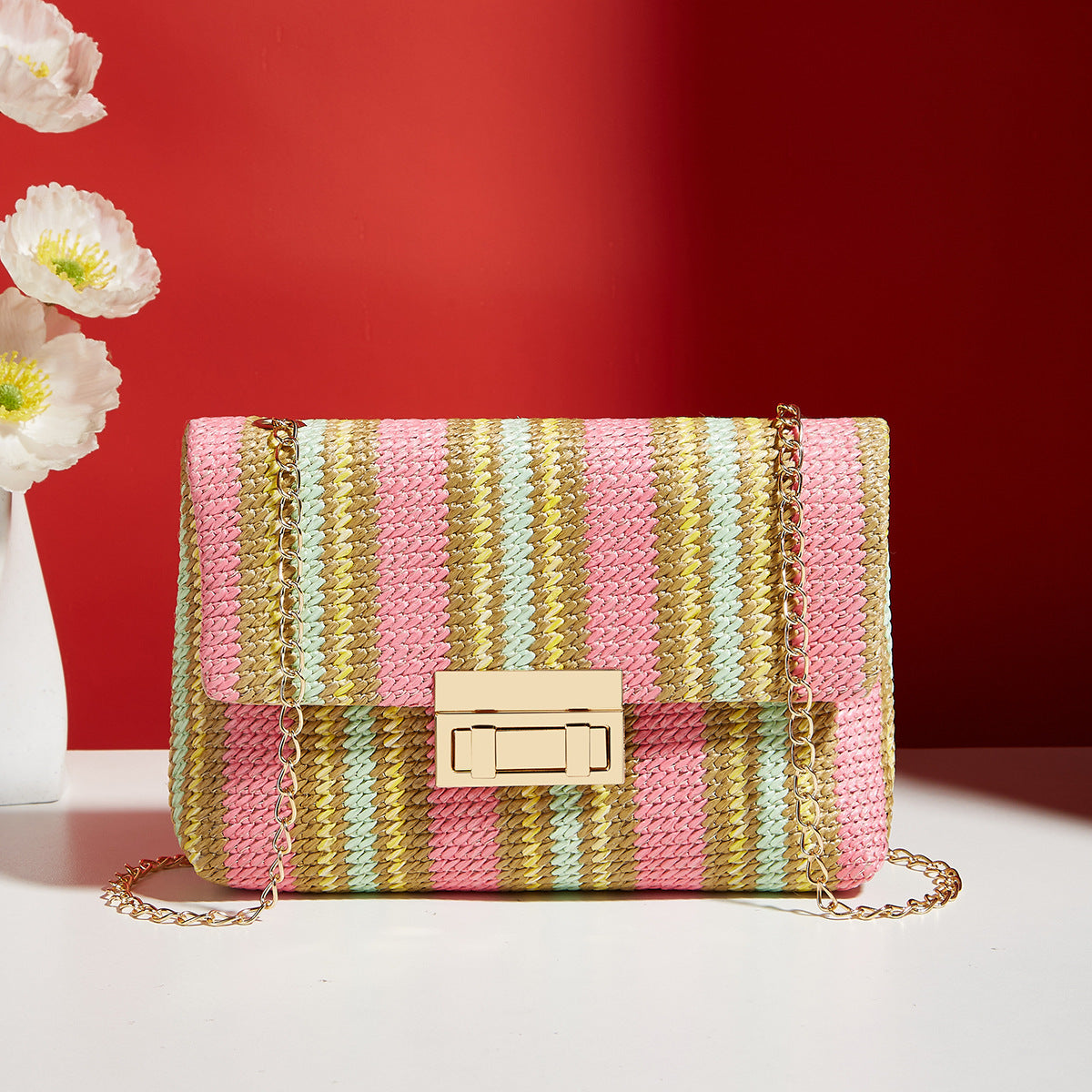 Fashion Crossbody Straw Bag – Lock Closure, Small Square Pink Yellow Infinite Avenue