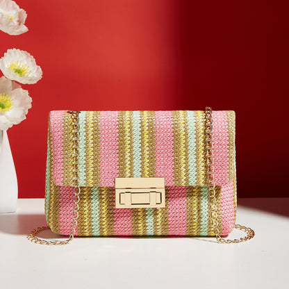 Fashion Crossbody Bag Straw Lock Closure Simple Small Square Bag Pink Yellow Infinite Avenue